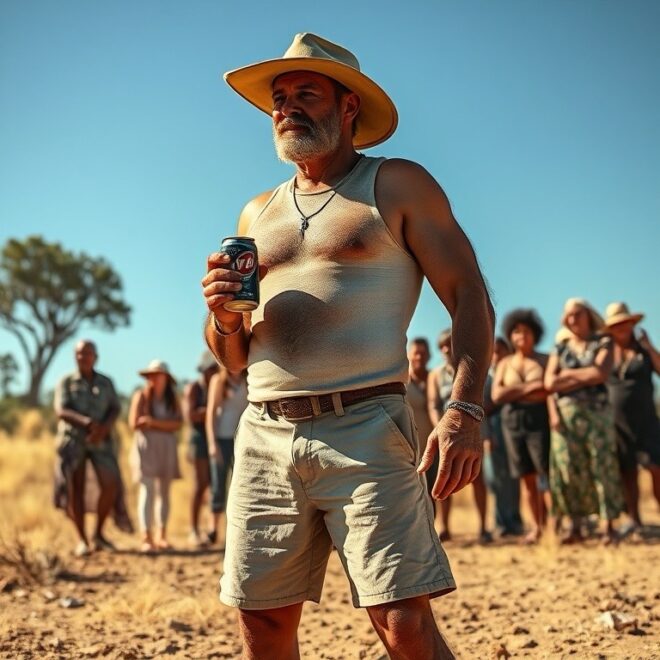 An Aussie bloke with a can of VB, wearing an Akubra.