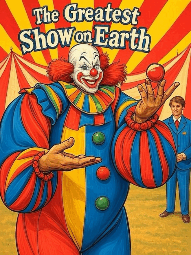 A clown, with a sign above his head, "The greatest show on Earth."