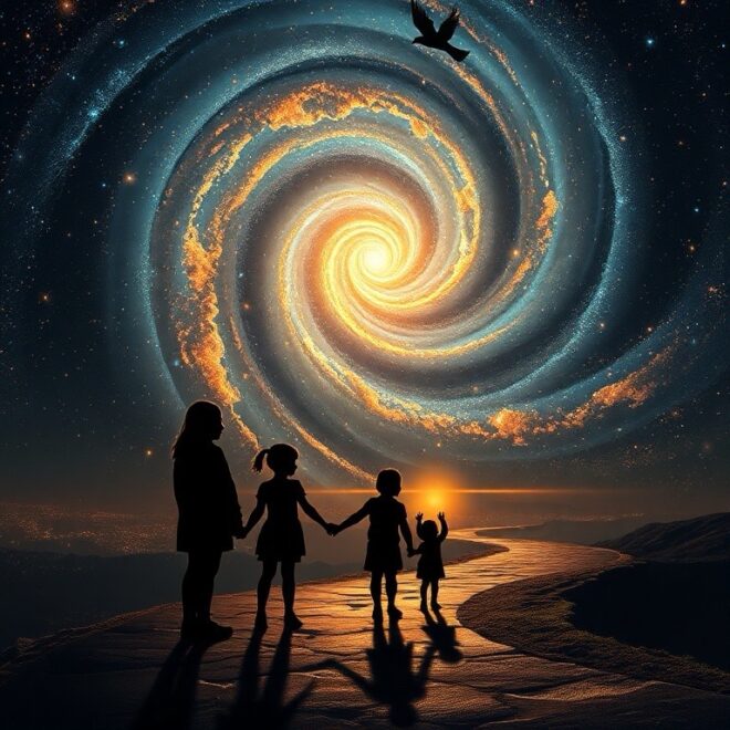 A swirling cosmos watched by people holding hands.