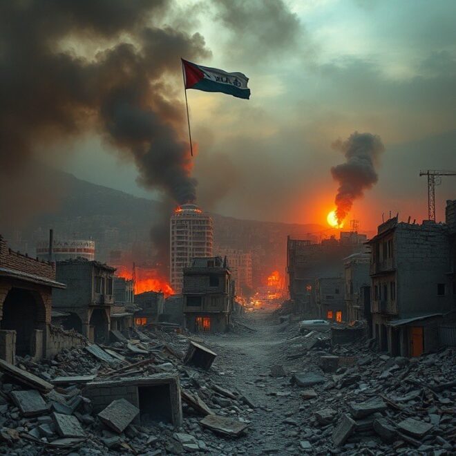 A devastated city on fire.