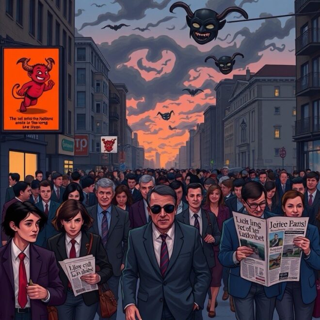 People crowded in a street, devils overhead.