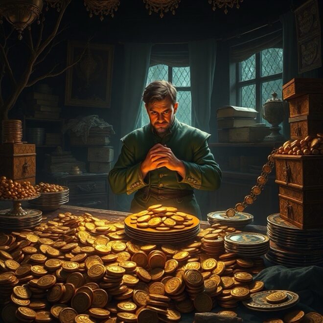 A man looking at piles of gold coins.