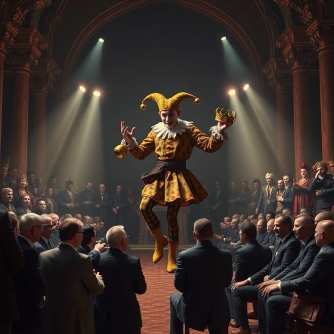 A jester performing to a crowd.