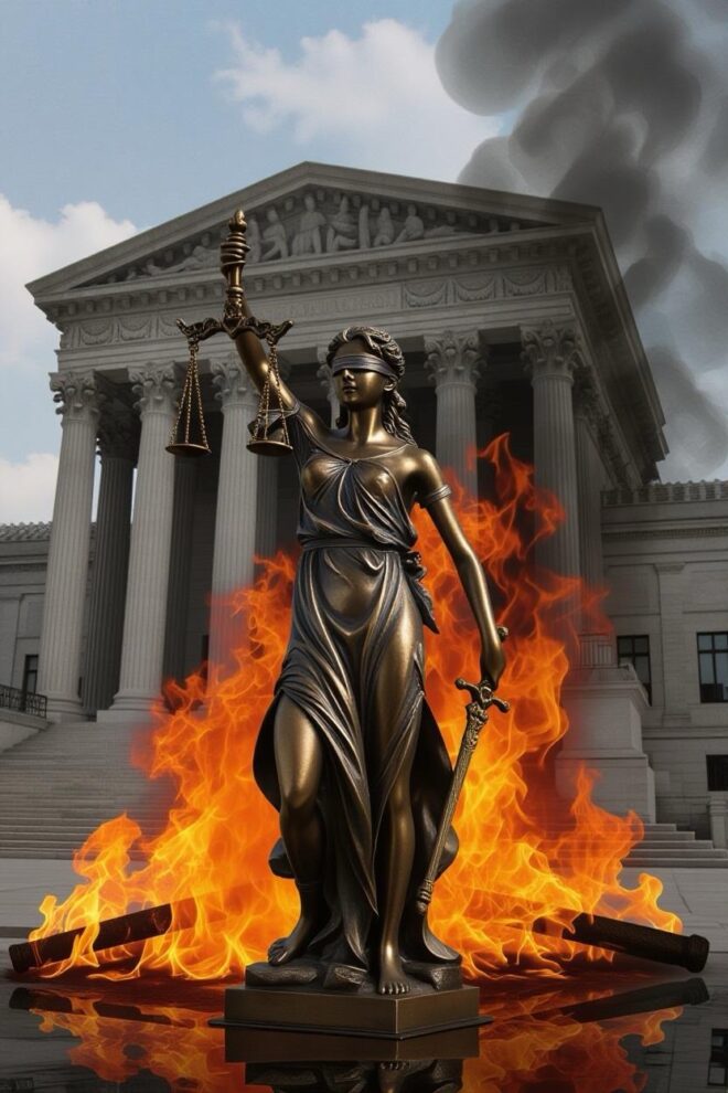 Justitia in front of a fire outside a majestic Grecian-style building.