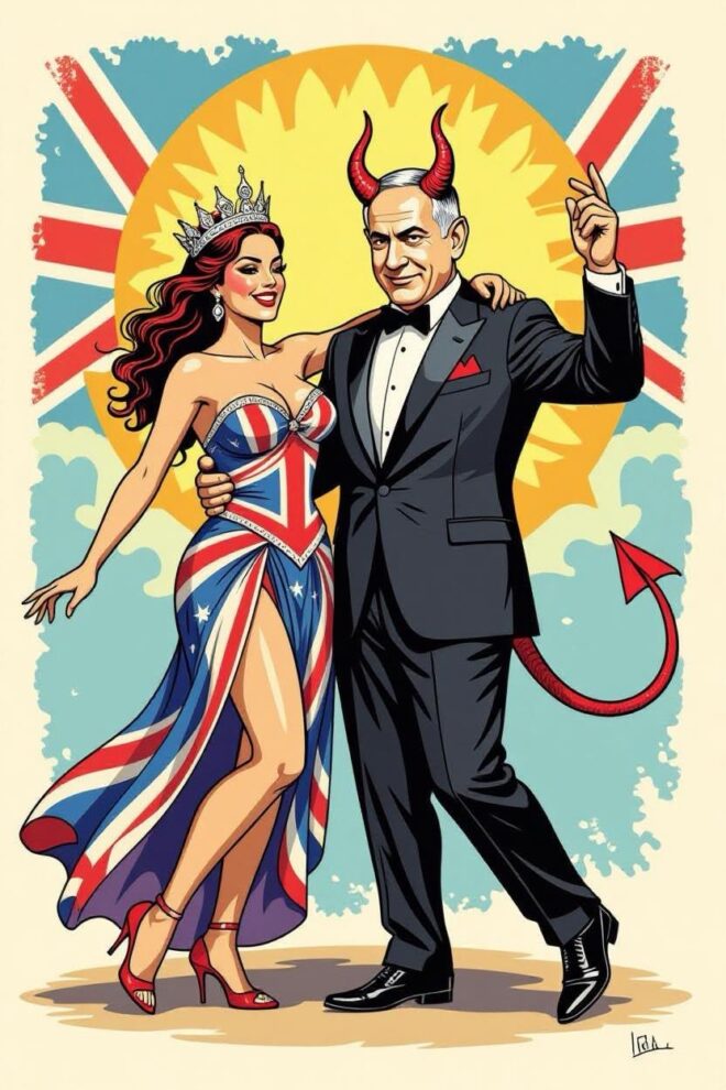 Benjamin Netanyahu and Britannia doing a tango.