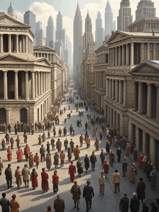 People milling about between grand buildings.