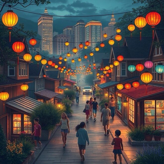 A brightly lit town, people wandering the street, with a city in the background