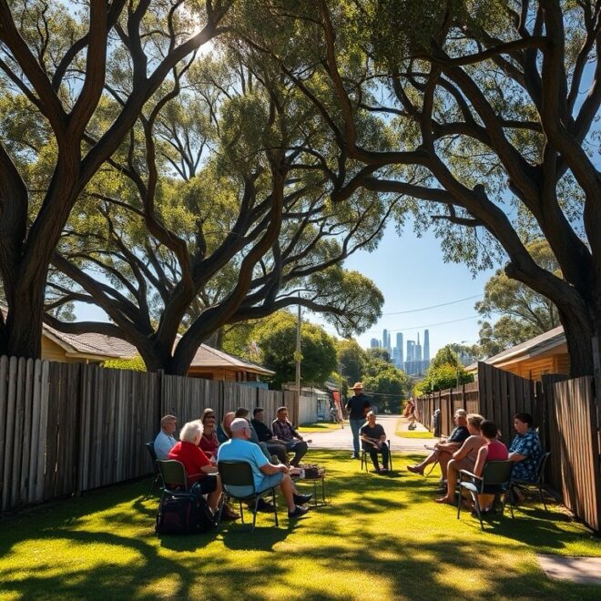 People sitting under trees on the grass