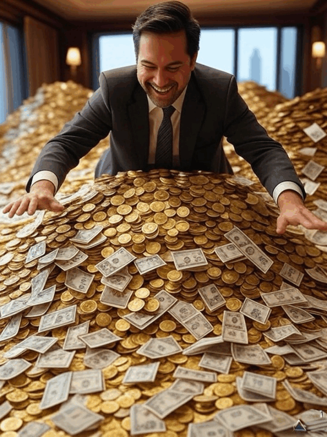 A man wallowing in money.