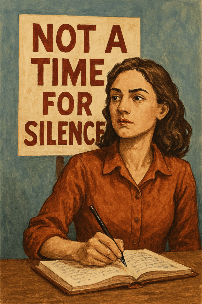 Writer with a sign behind saying, "Not a time for silence."