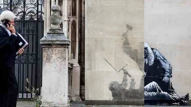 Banksy on the Royal Courts partially erased.