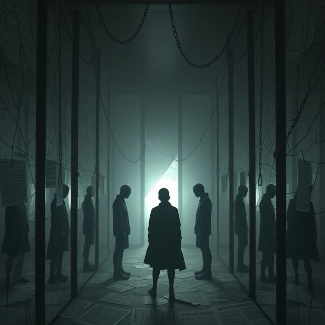 Figures standing between mirrors in a darkened room.
