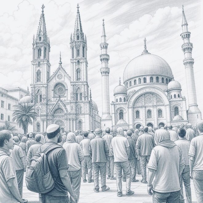 People milling outside a church and a mosque.