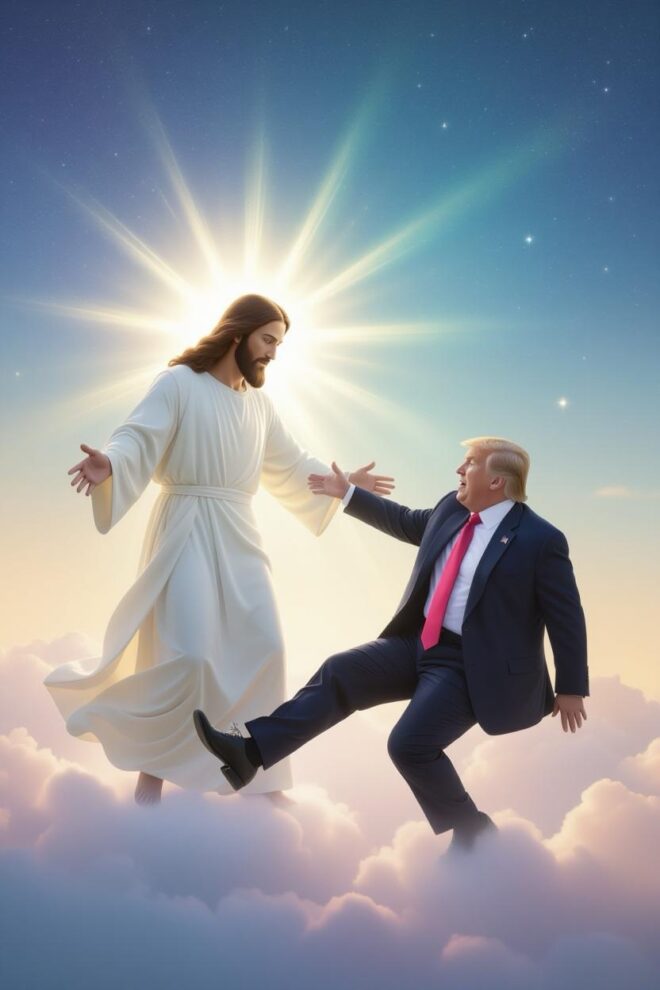 Trump falling from heaven, watched by Jesus.