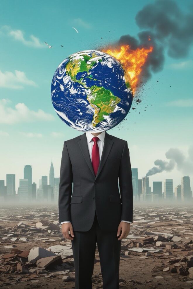 The world on fire, presented as the head on a male body.