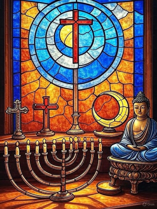 A stained glas window and a few symbols of various religions.