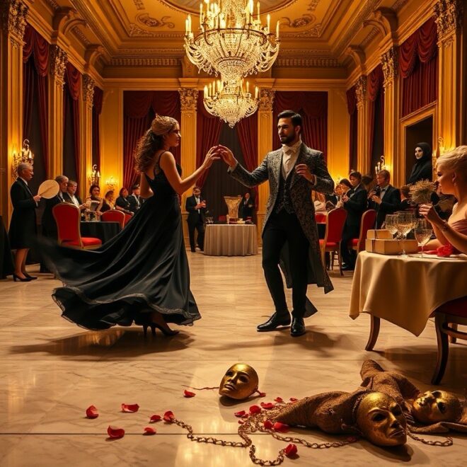A couple dancing, masks thrown to the floor.