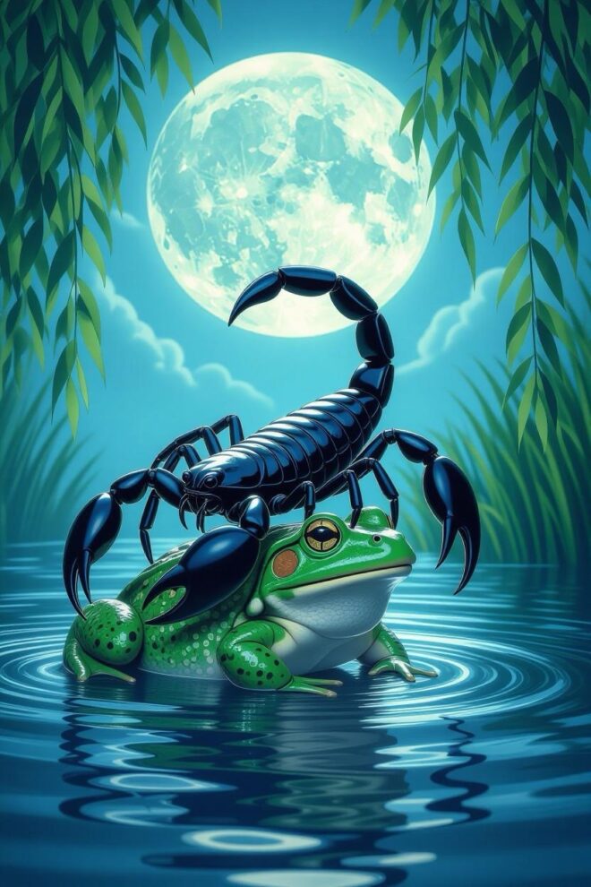 The scorpion on the back of the frog in the water.