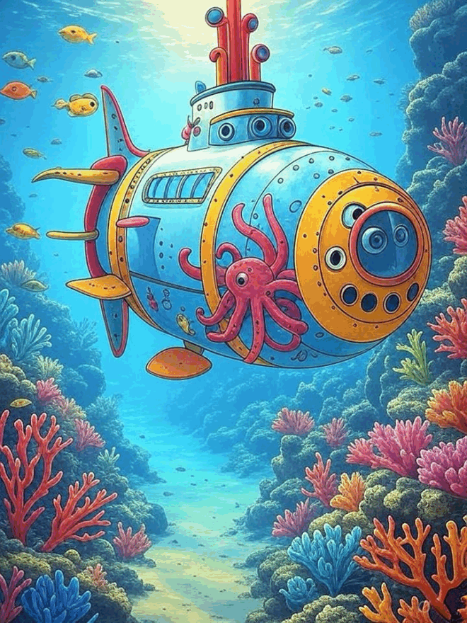 Submarine underwater with octopus attached.