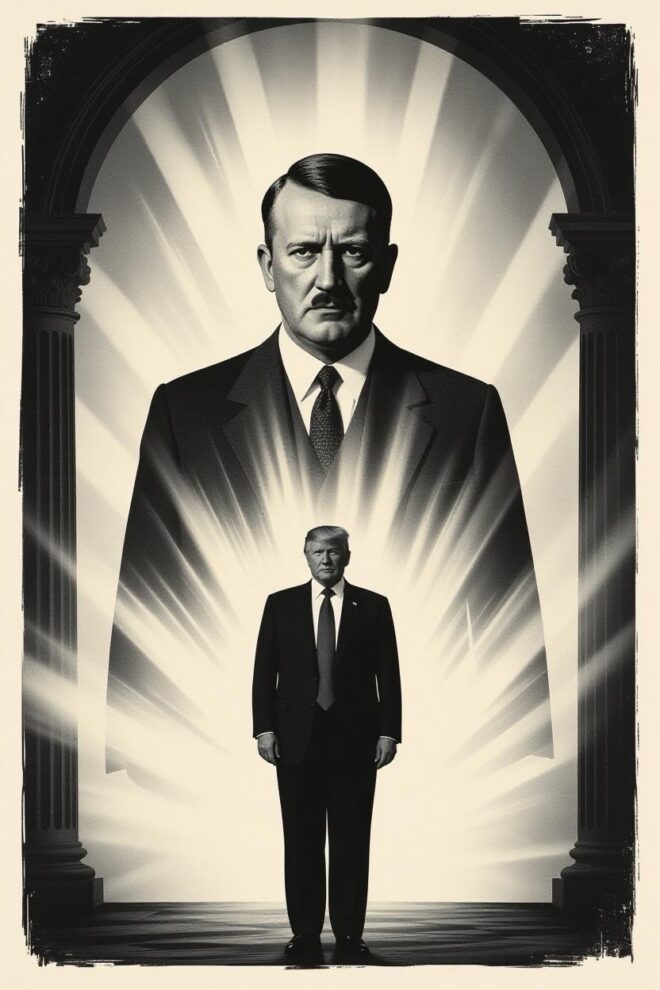 Trump, in front of a magnified Hitler, both with halos.