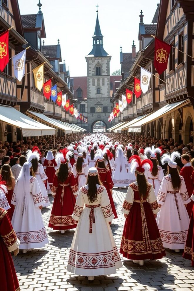 People in white and red outfits.