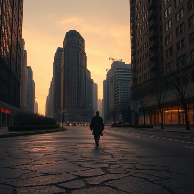 Person walking alone in city at dusk.