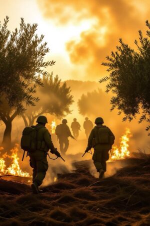 Soldiers on a burning battlefield.