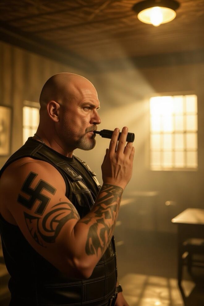 Man with racist tattoos blowing a dog whistle