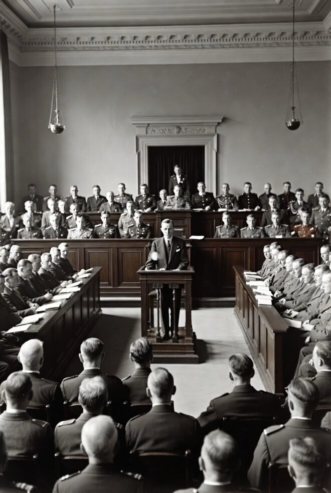 A defendant in a crowded courtroom.