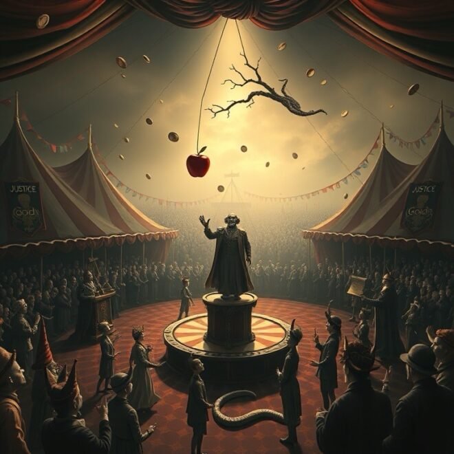 Circus tents form a compound around a crowd, at the centre of which is a figure on a dais, a tree branch and an apple falling toward his hand, whilst a snake slides beneath the dais.