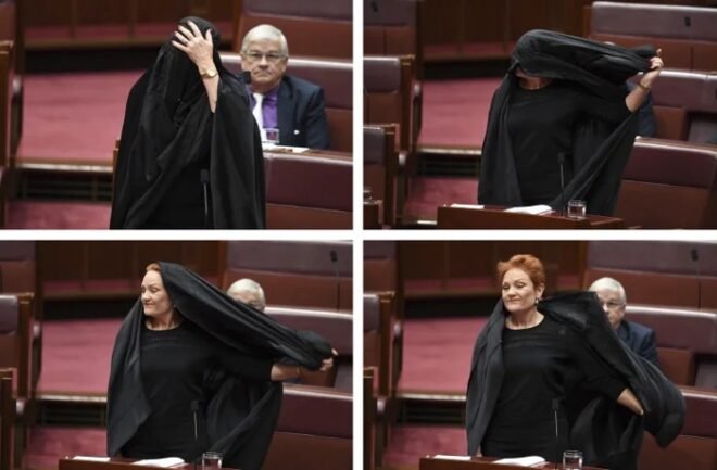 Pauline Hanson removing a burqa in the Australian Senate.