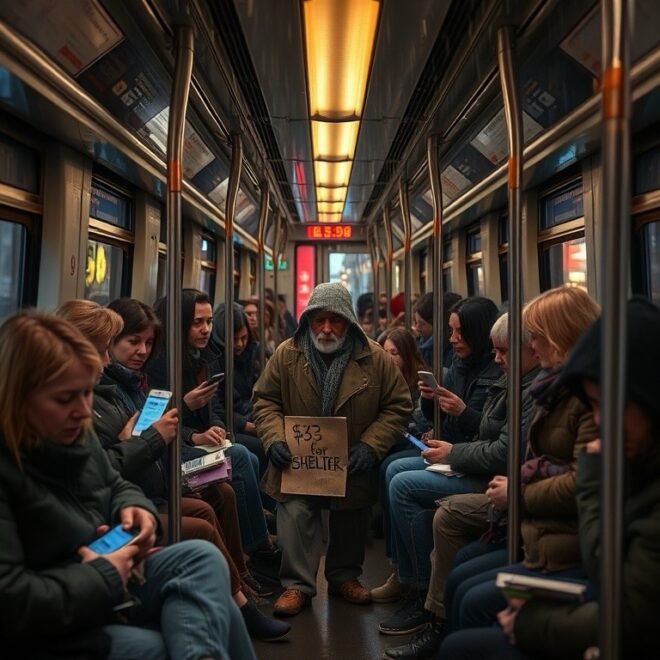 Man on a crowded train with a sign asking for money.