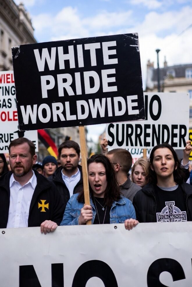 Woman carrying a sign with the words "White pride worldwide" demonstrating extremism in a protest rally.