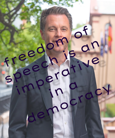 Chris Minns, with type over the top stating, "Freedom of speech is an imperative in a democracy."