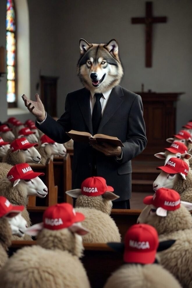 A congregation of sheep wearing MAGA caps listen to a wolf preacher.