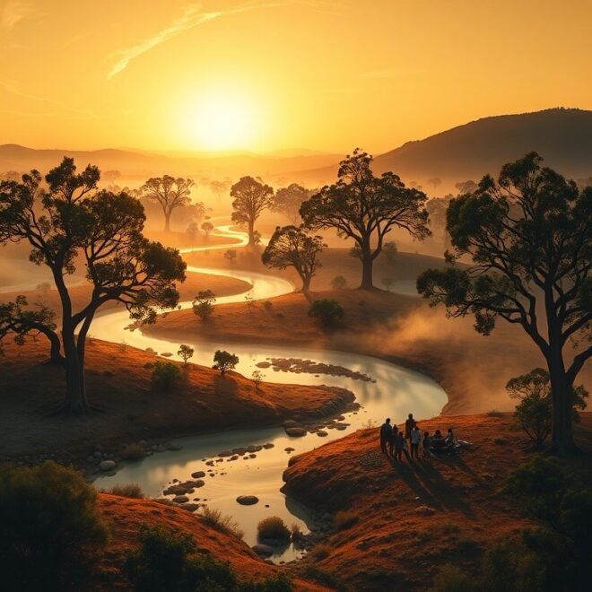 A Dreamtime landscape, river coursing into the distance carved by the Rainbow Serpent.