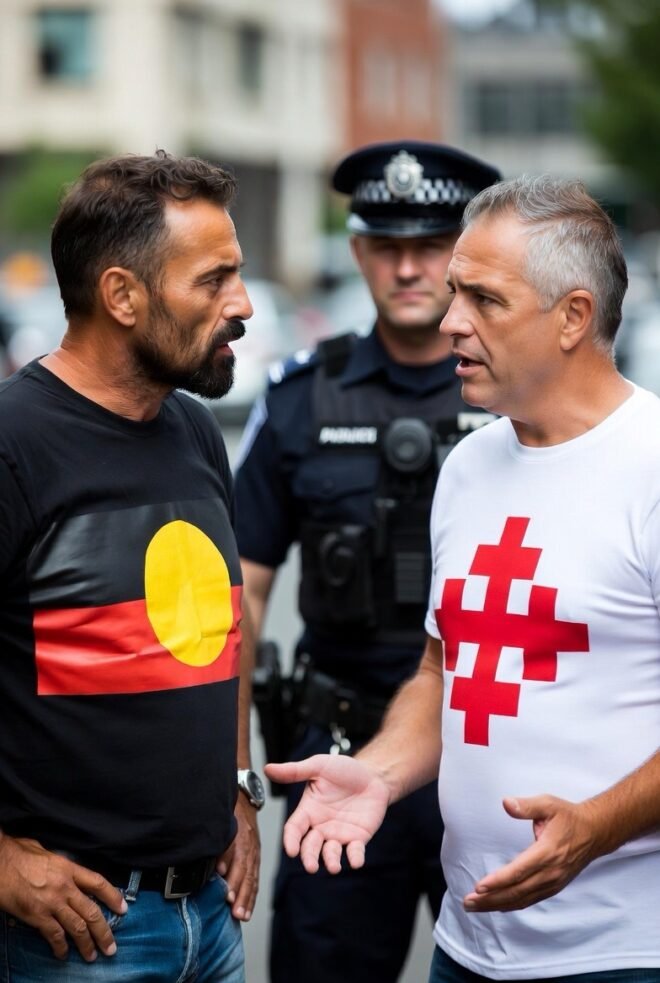 A man wearing and Indigenous shirt arguing with a man wearing a shirt with the Jerusalem cross on it.