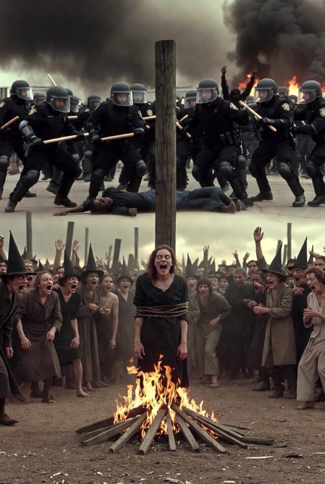 Scapegoating - modern versus historical witches sacrificed at the stake.