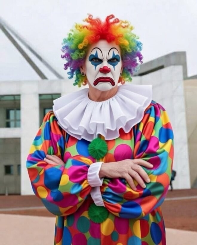 A very unhappy clown outside Parliament House.