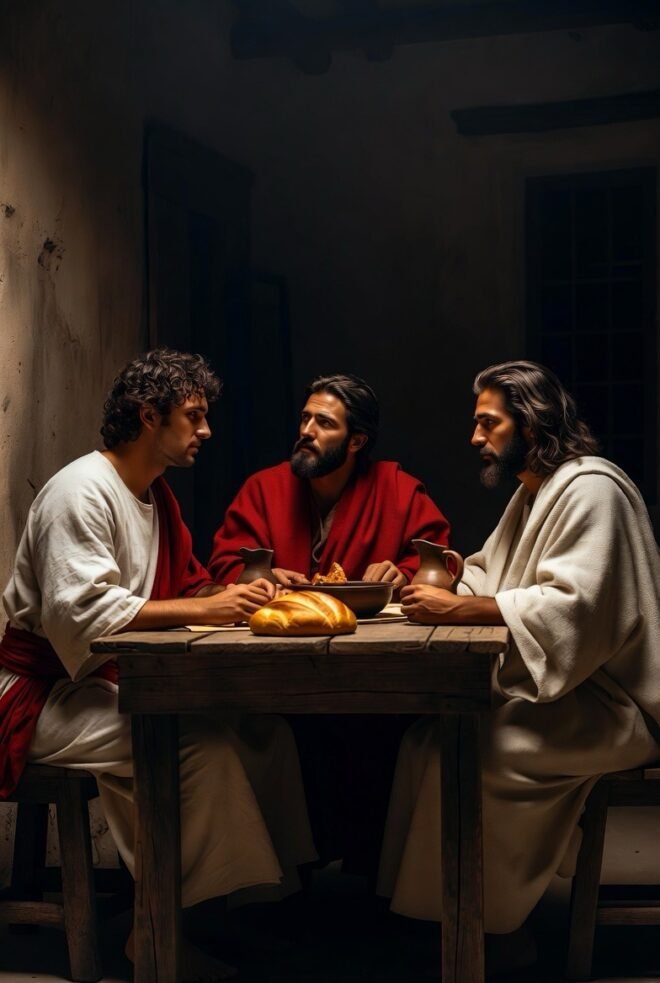 Virgil, Homer and Jesus, sharing a meal discussing the origins of the Gospels.