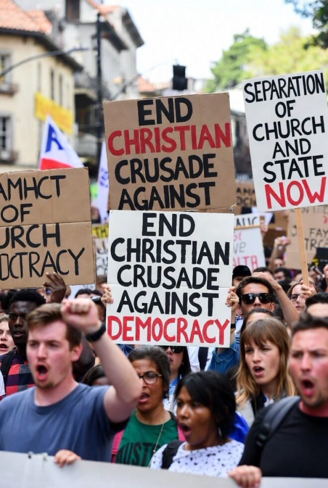People carrying protests placards decrying Christian threat to democracy.