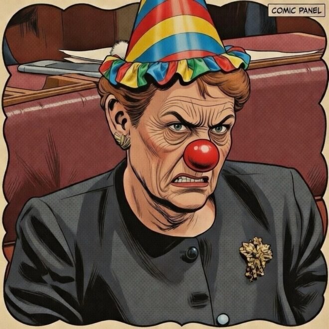 Pauline Hanson, wearing a red nose and conical hat.