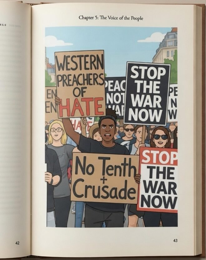 An open book showing people carrying slogans of protest.