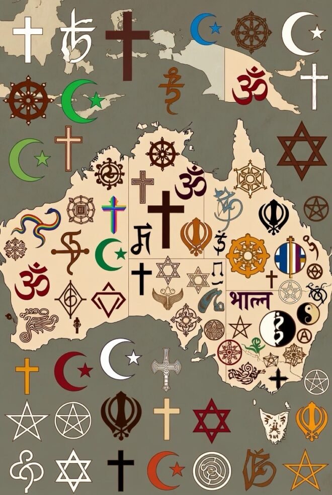 Australia with symbols of many cultures.