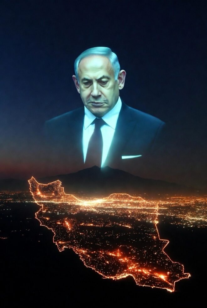 Benjamin Netanyahu looking down on a burning Iran.