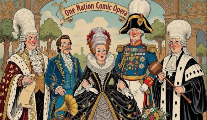 Actors in grand attire, a banner announcing over their heads, "One Nation Comic Opera".