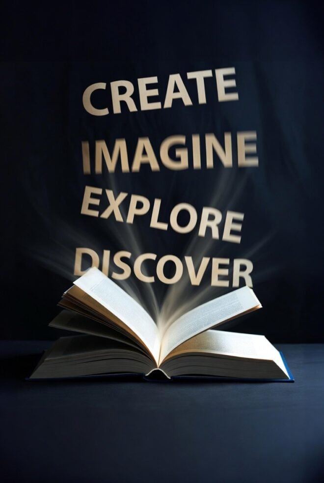 Words above an open book. The words are Create, Imagine, Explore, Discover.