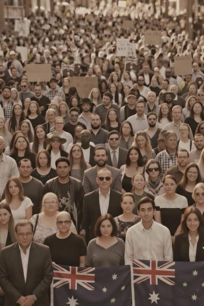 Australian flags in front of many people.
