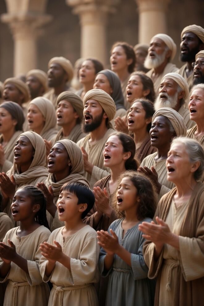 A choir, comprised of people of many ethnicities, singing.
