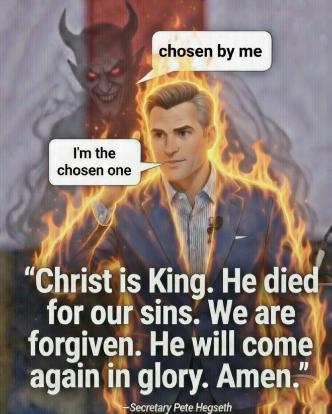 A burning man saying "I'm the chosen on", with the devil behind saying "Chosen by me." A prayer beneath says, "Christ is King. He died for our sins. He will come again in glory. Amen."